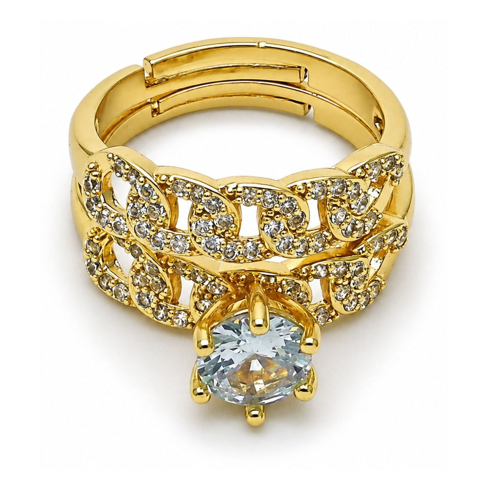 Oro Laminado Wedding Ring, Gold Filled Style Cluster and Miami Cuban Design, with White Cubic Zirconia and White Micro Pave, Polished, Golden Finish