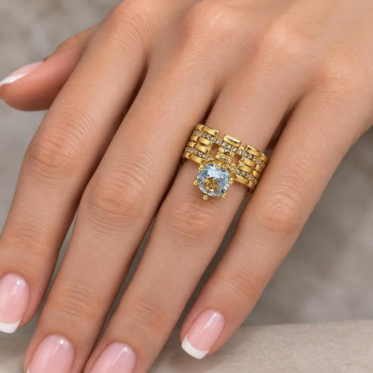 Oro Laminado Wedding Ring, Gold Filled Style Cluster Design, with White Cubic Zirconia and White Micro Pave, Polished, Golden Finish