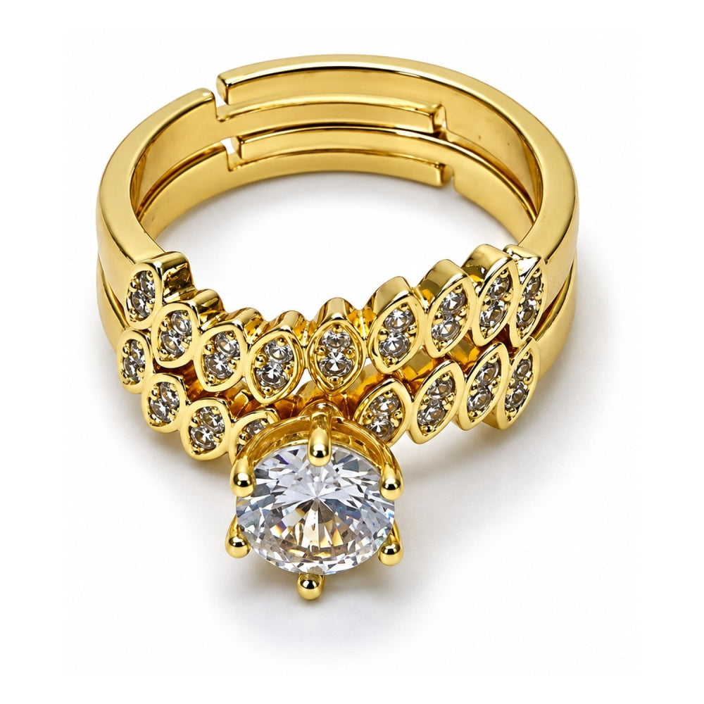 Oro Laminado Wedding Ring, Gold Filled Style Cluster and Leaf Design, with White Cubic Zirconia and White Micro Pave, Polished, Golden Finish