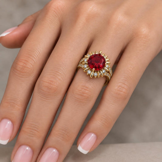 Oro Laminado Multi Stone Ring, Gold Filled Style Cluster and Sun Design, with Garnet and White Cubic Zirconia, Polished, Golden Finish