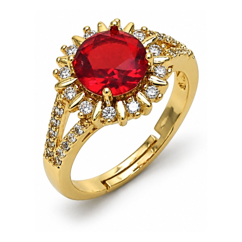 Oro Laminado Multi Stone Ring, Gold Filled Style Cluster and Sun Design, with Garnet and White Cubic Zirconia, Polished, Golden Finish