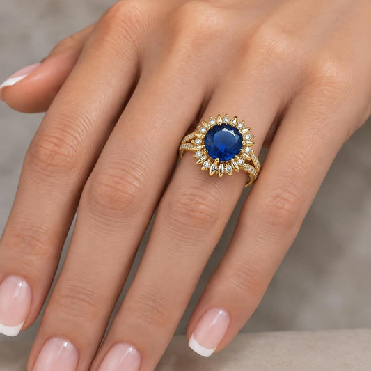 Oro Laminado Multi Stone Ring, Gold Filled Style Cluster and Sun Design, with Sapphire Blue and White Cubic Zirconia, Polished, Golden Finish