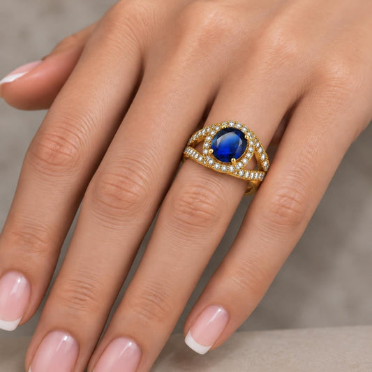 Oro Laminado Multi Stone Ring, Gold Filled Style Evil Eye Design, with Sapphire Blue and White Cubic Zirconia, Polished, Golden Finish
