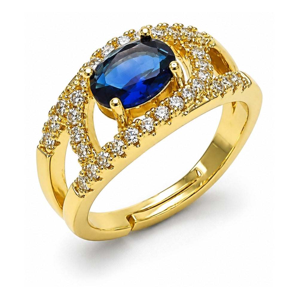Oro Laminado Multi Stone Ring, Gold Filled Style Evil Eye Design, with Sapphire Blue and White Cubic Zirconia, Polished, Golden Finish