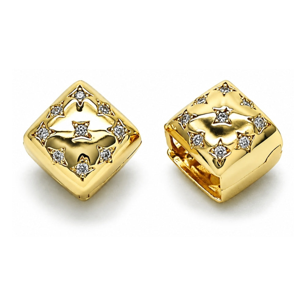 Oro Laminado Huggie Hoop, Gold Filled Style Four-leaf Clover and Star Design, with White Cubic Zirconia, Polished, Golden Finish