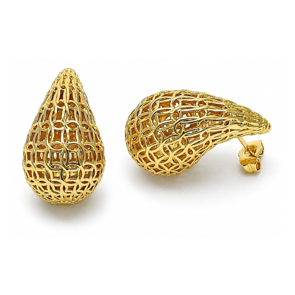 Oro Laminado Stud Earring, Gold Filled Style Teardrop and Hollow Design, Polished, Golden Finish