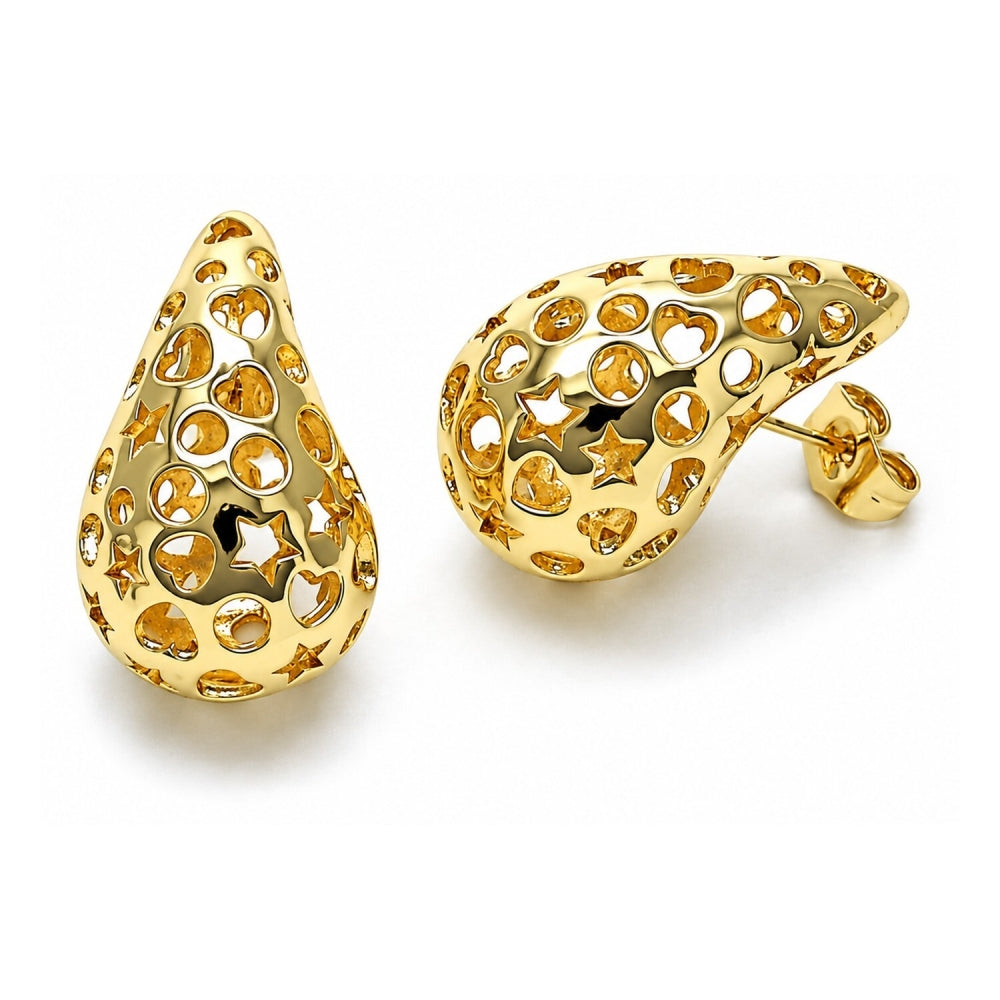 Oro Laminado Stud Earring, Gold Filled Style Teardrop and Heart Design, Polished, Golden Finish