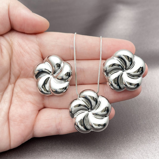 Rhodium Gold Filled Earring and Pendant Adult Set, Flower and Hollow Design, Polished, Rhodium Finish