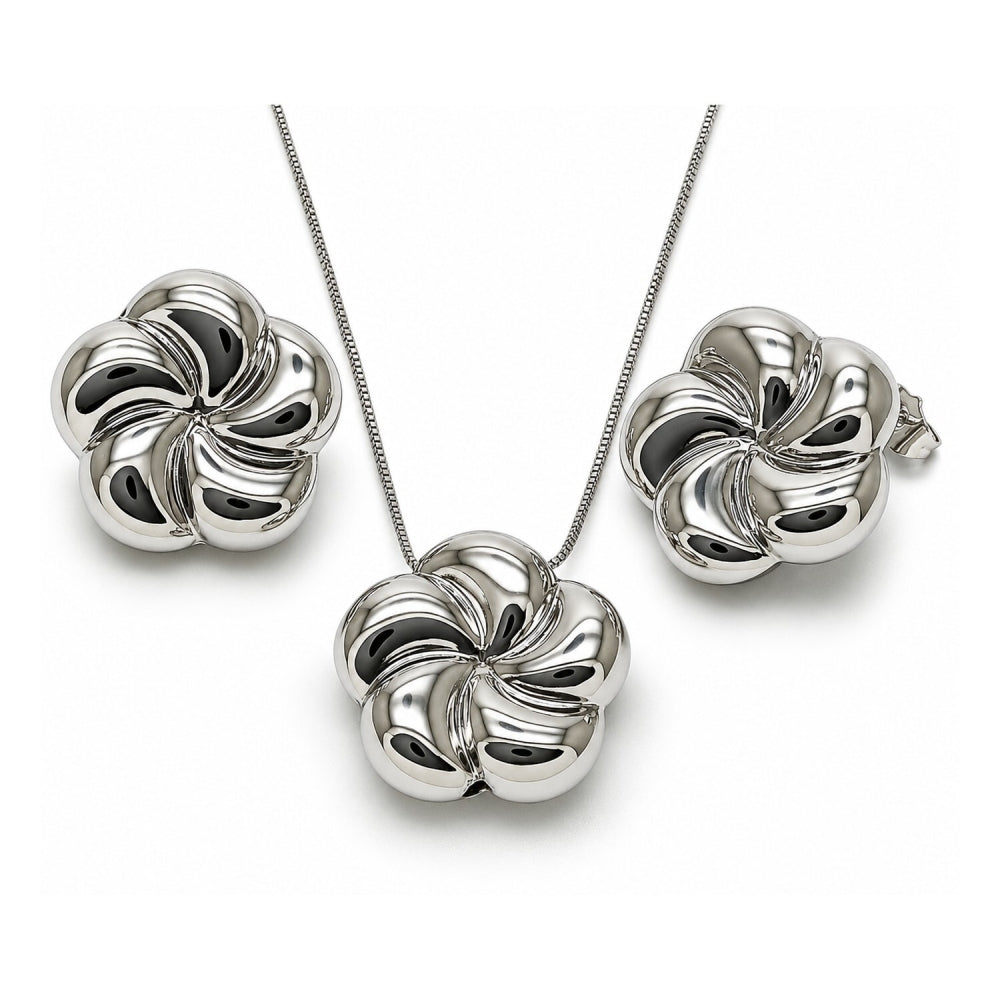 White Gold Filled Earring and Pendant Adult Set, Flower and Hollow Design, Polished, Rhodium Finish