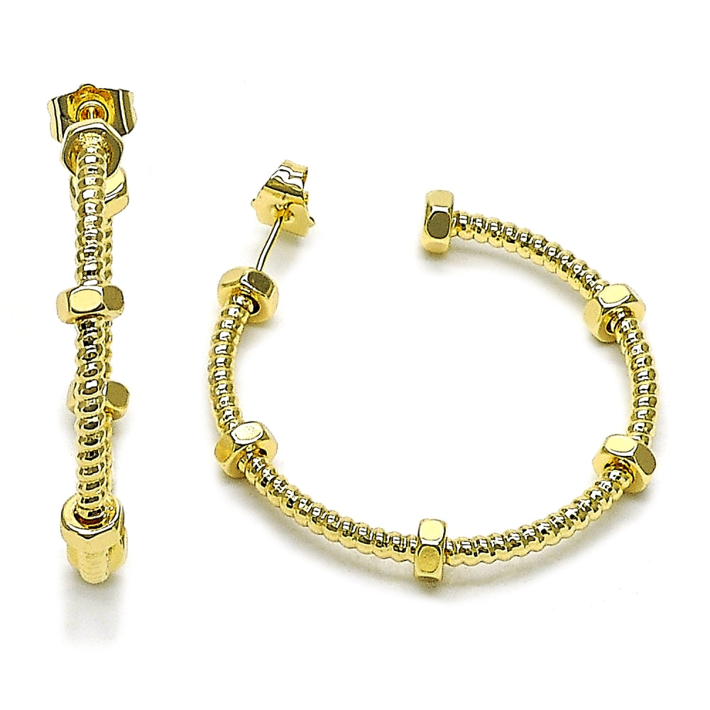 Oro Laminado Medium Hoop, Gold Filled Style Twist Design, Diamond Cutting Finish, Golden Finish