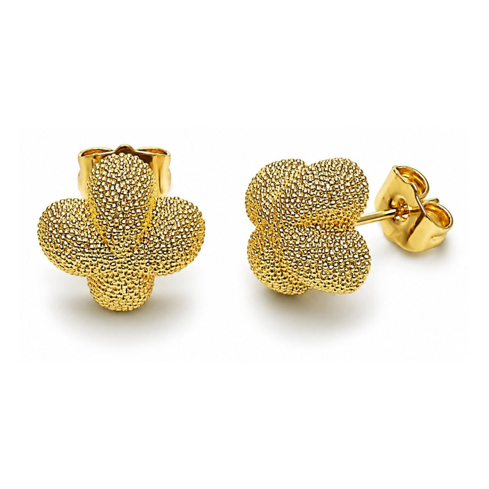 Oro Laminado Stud Earring, Gold Filled Style Flower and Four-leaf Clover Design, Matte Finish, Golden Finish