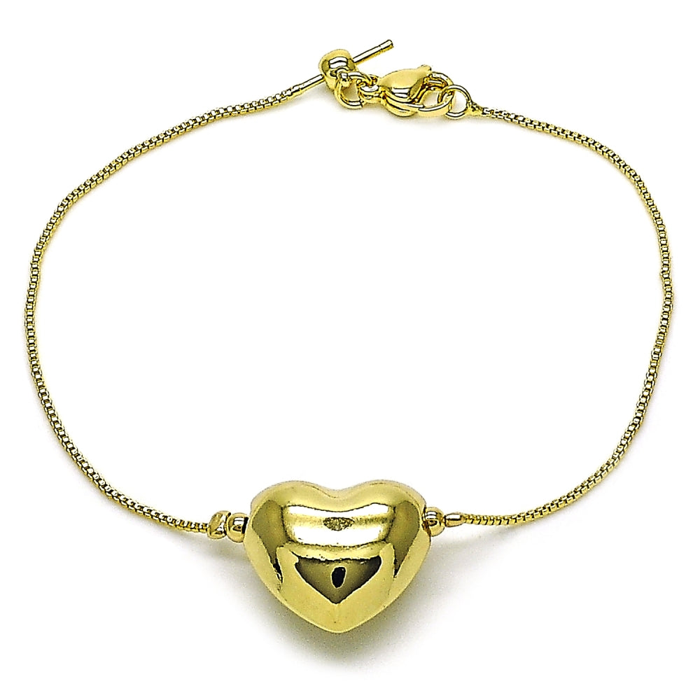 Oro Laminado Fancy Bracelet, Gold Filled Style Heart and Box Design, Polished, Golden Finish