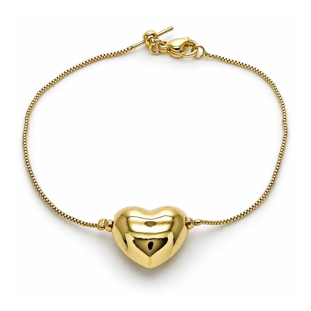 Oro Laminado Fancy Bracelet, Gold Filled Style Heart and Box Design, Polished, Golden Finish