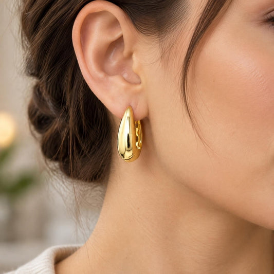 Oro Laminado Huggie Hoop, Gold Filled Style Teardrop Design, Polished, Golden Finish