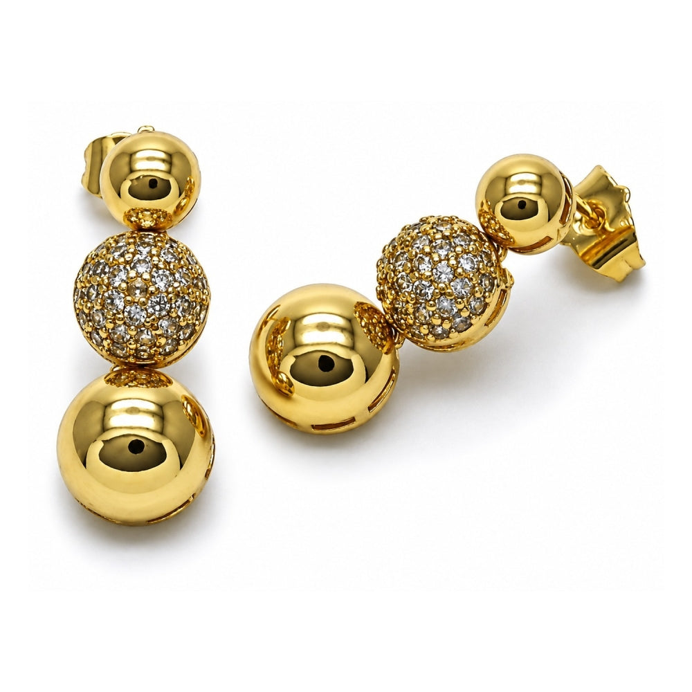 Oro Laminado Stud Earring, Gold Filled Style Ball Design, with White Micro Pave, Polished, Golden Finish