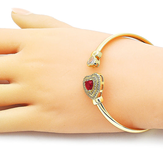 Oro Laminado Individual Bangle, Gold Filled Style Heart and Cluster Design, with Garnet and White Cubic Zirconia, Polished, Golden Finish