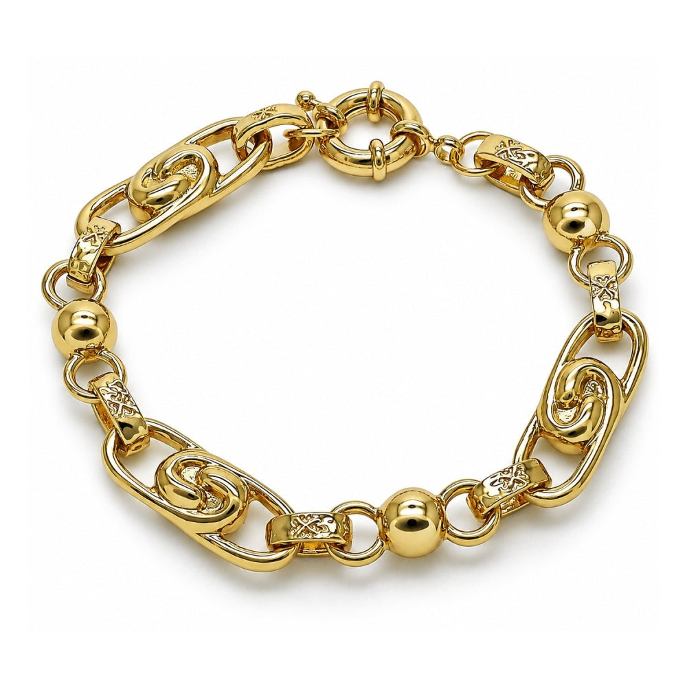 Oro Laminado Fancy Bracelet, Gold Filled Style Ball and Heart Design, Polished, Golden Finish