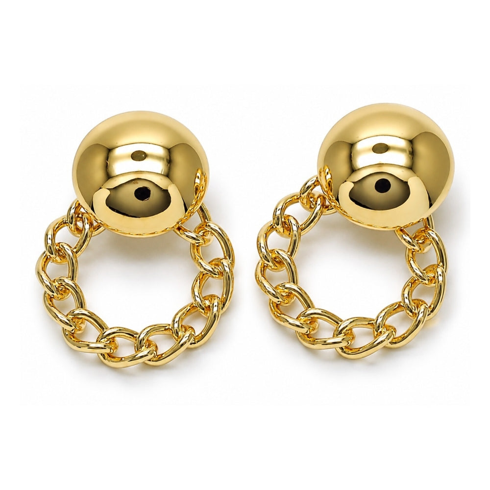Oro Laminado Stud Earring, Gold Filled Style Ball and Miami Cuban Design, Polished, Golden Finish