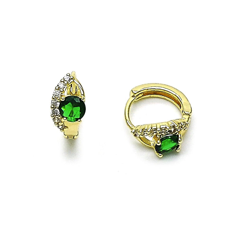 Oro Laminado Huggie Hoop, Gold Filled Style Evil Eye Design, with Green and White Cubic Zirconia, Polished, Golden Finish
