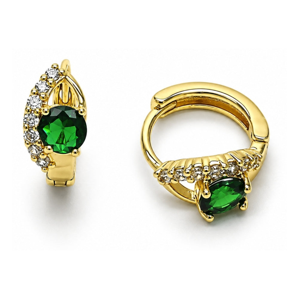 Oro Laminado Huggie Hoop, Gold Filled Style Evil Eye Design, with Green and White Cubic Zirconia, Polished, Golden Finish