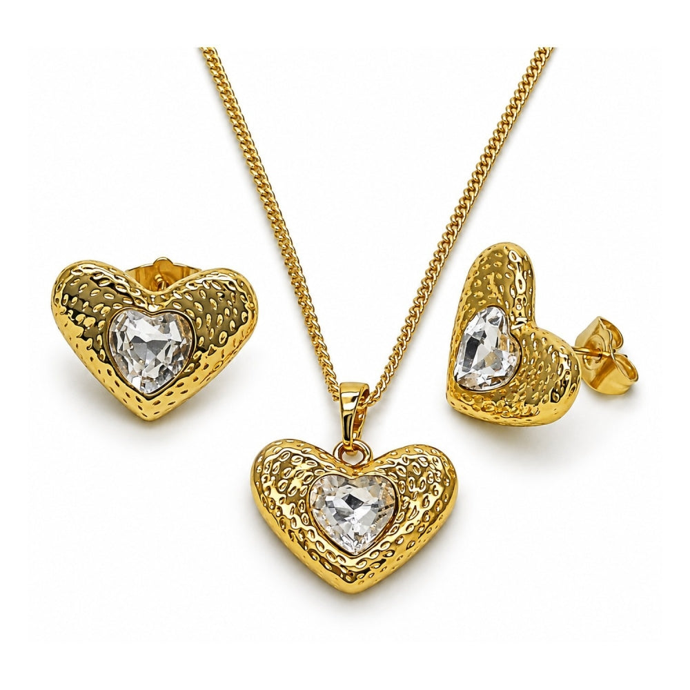 Oro Laminado Earring and Pendant Adult Set, Gold Filled Style Heart Design, with White Crystal, Polished, Golden Finish