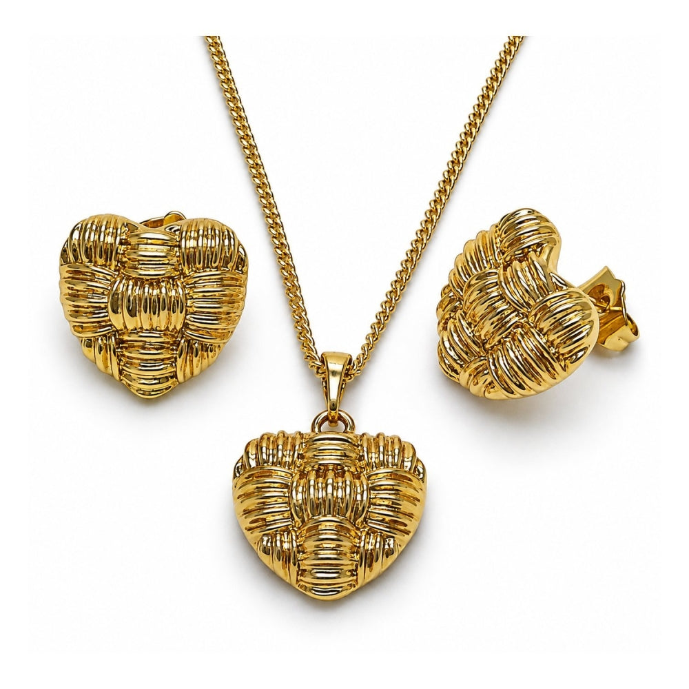 Oro Laminado Earring and Pendant Adult Set, Gold Filled Style Heart Design, Polished, Golden Finish