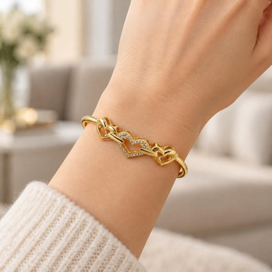Oro Laminado Individual Bangle, Gold Filled Style Heart Design, with White Micro Pave, Polished, Golden Finish