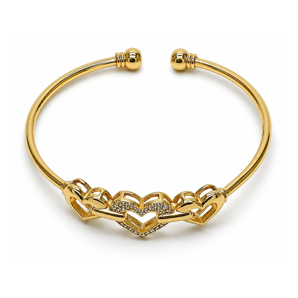 Oro Laminado Individual Bangle, Gold Filled Style Heart Design, with White Micro Pave, Polished, Golden Finish