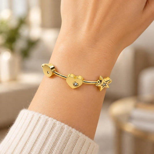 Oro Laminado Individual Bangle, Gold Filled Style Heart and Star Design, with White Cubic Zirconia, Polished, Golden Finish
