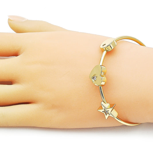 Oro Laminado Individual Bangle, Gold Filled Style Heart and Star Design, with White Cubic Zirconia, Polished, Golden Finish