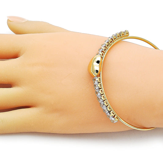 Oro Laminado Individual Bangle, Gold Filled Style Heart and Baguette Design, with White Cubic Zirconia, Polished, Golden Finish