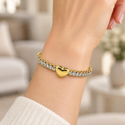 Oro Laminado Individual Bangle, Gold Filled Style Heart and Baguette Design, with White Cubic Zirconia, Polished, Golden Finish