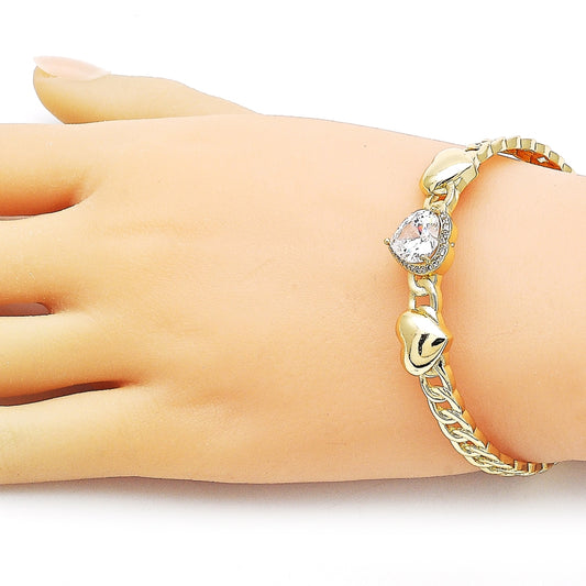 Oro Laminado Individual Bangle, Gold Filled Style Heart and Cluster Design, with White Cubic Zirconia and White Micro Pave, Polished, Golden Finish