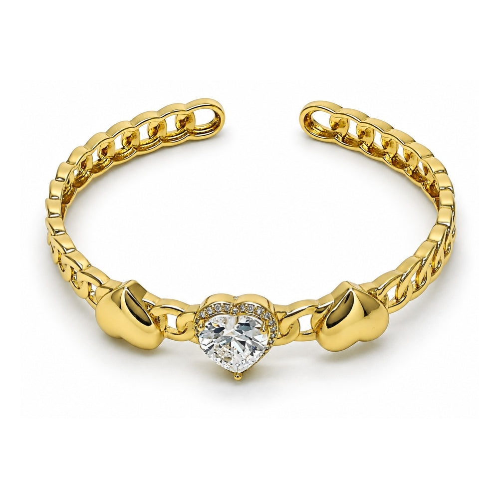 Oro Laminado Individual Bangle, Gold Filled Style Heart and Cluster Design, with White Cubic Zirconia and White Micro Pave, Polished, Golden Finish