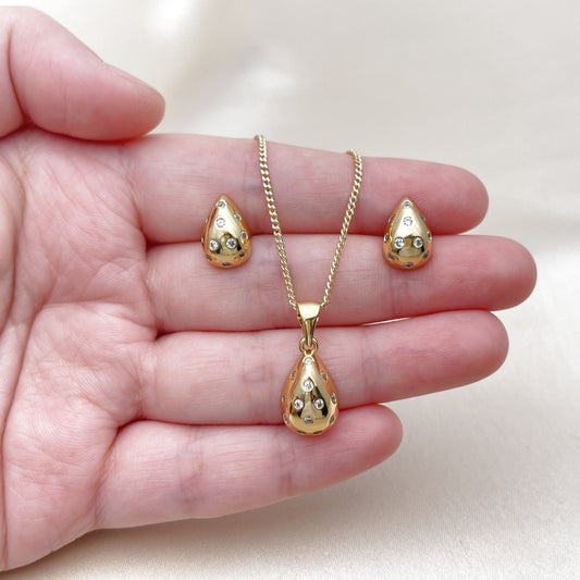Oro Laminado Earring and Pendant Adult Set, Gold Filled Style Teardrop Design, with White Cubic Zirconia, Polished, Golden Finish