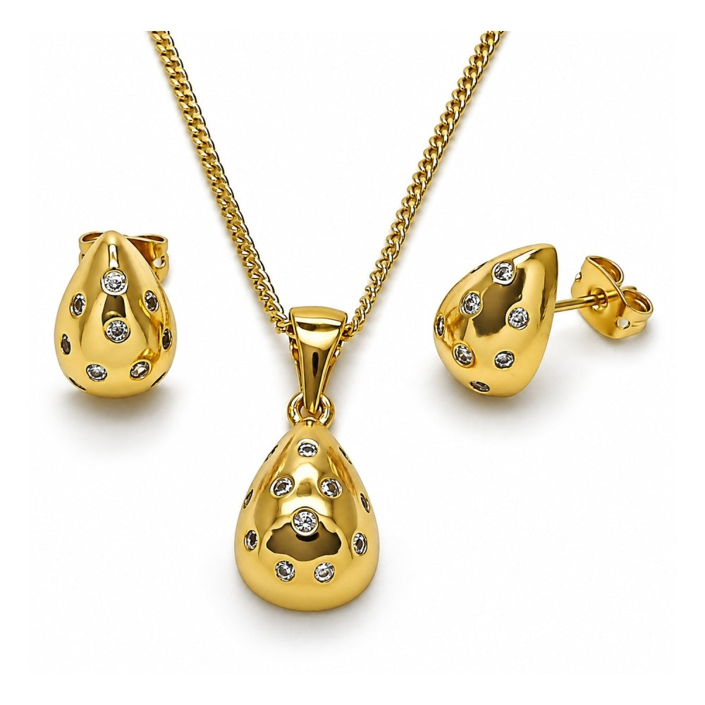 Oro Laminado Earring and Pendant Adult Set, Gold Filled Style Teardrop Design, with White Cubic Zirconia, Polished, Golden Finish