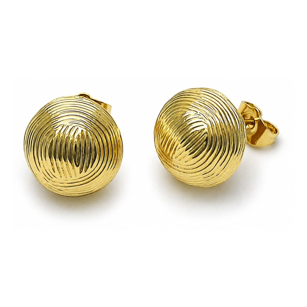 Oro Laminado Stud Earring, Gold Filled Style Ball Design, Diamond Cutting Finish, Golden Finish