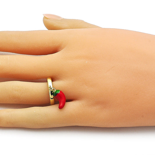 Oro Laminado Elegant Ring, Gold Filled Style Chili Design, Red Enamel Finish, Golden Finish