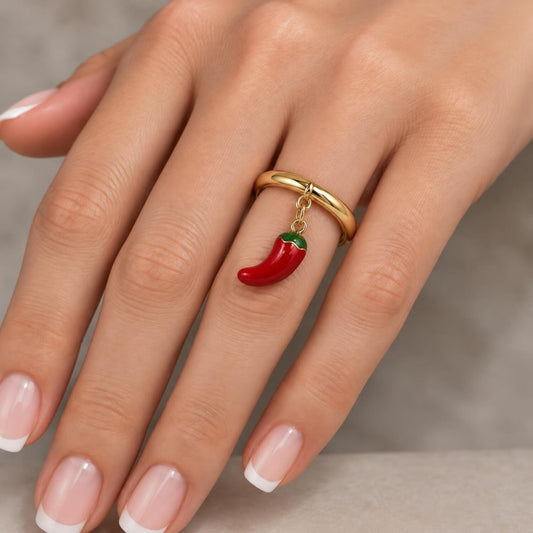 Oro Laminado Elegant Ring, Gold Filled Style Chili Design, Red Enamel Finish, Golden Finish