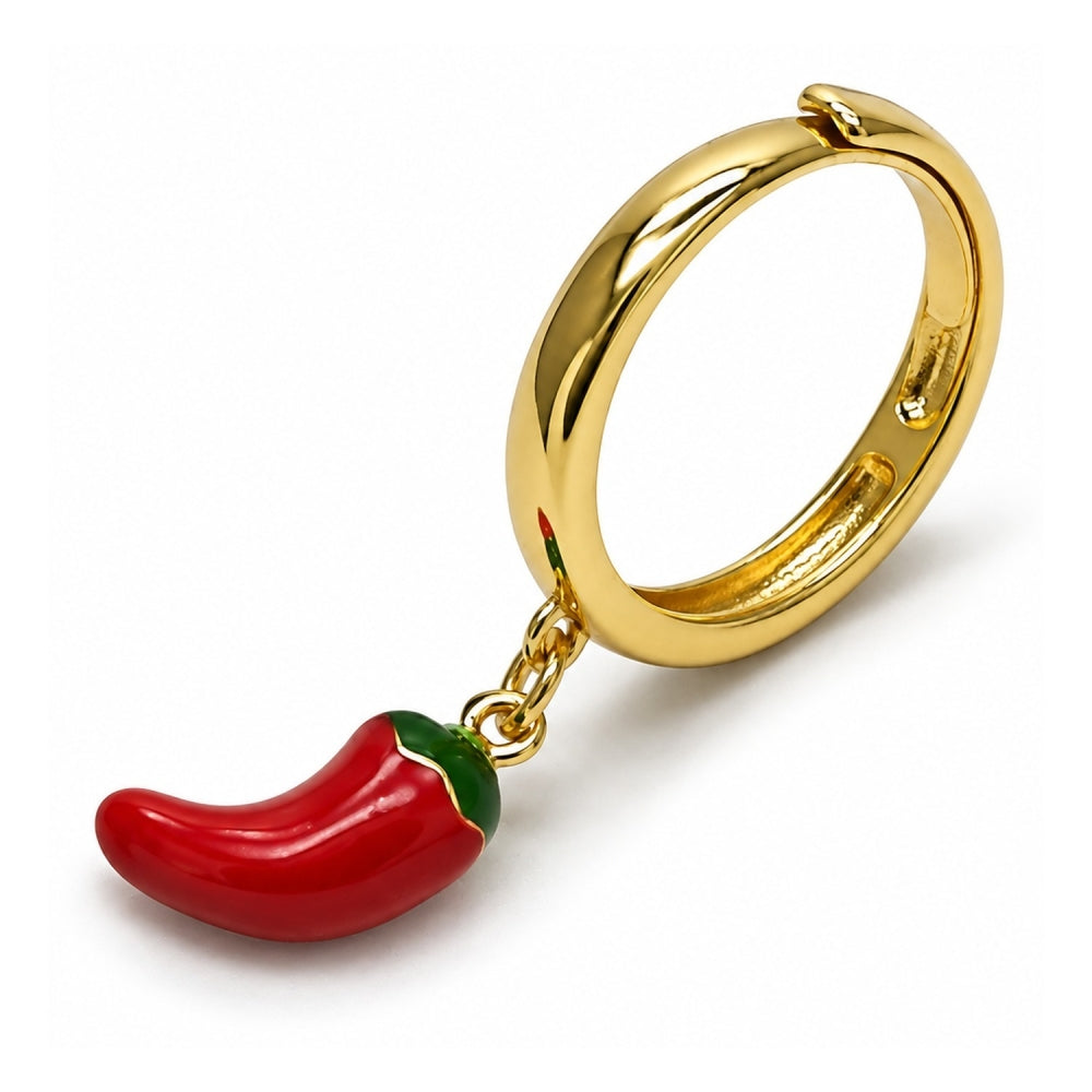 Oro Laminado Elegant Ring, Gold Filled Style Chili Design, Red Enamel Finish, Golden Finish