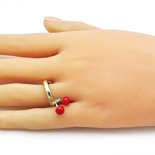 Oro Laminado Elegant Ring, Gold Filled Style Cherry Design, Red Enamel Finish, Golden Finish