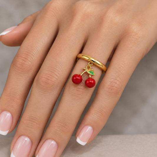 Oro Laminado Elegant Ring, Gold Filled Style Cherry Design, Red Enamel Finish, Golden Finish