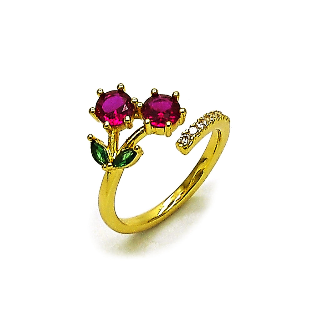 Oro Laminado Elegant Ring, Gold Filled Style Cherry Design, with Ruby and Green Cubic Zirconia, Polished, Golden Finish