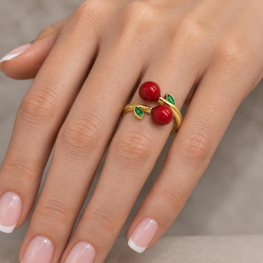 Oro Laminado Elegant Ring, Gold Filled Style Cherry Design, Red Enamel Finish, Golden Finish