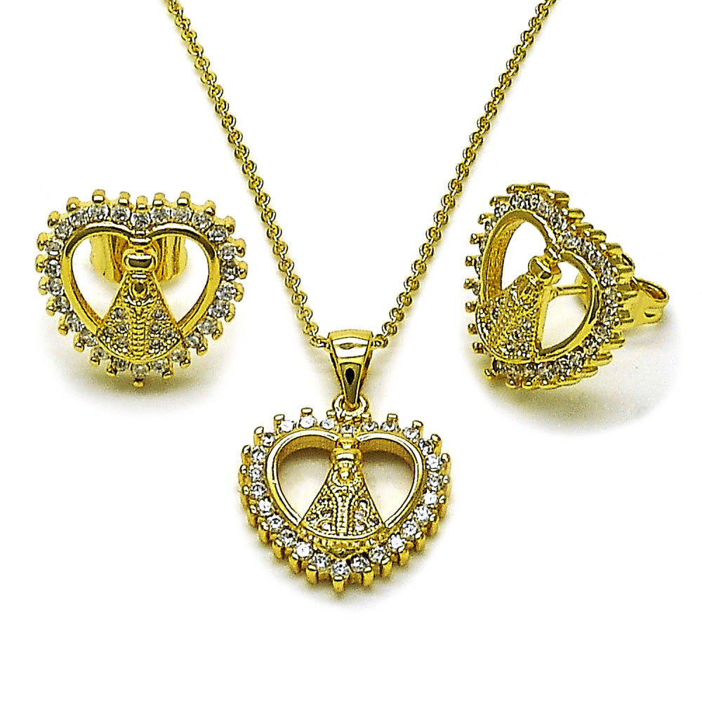 Oro Laminado Earring and Pendant Adult Set, Gold Filled Style Heart and Guadalupe Design, with White Cubic Zirconia and White Micro Pave, Polished, Golden Finish