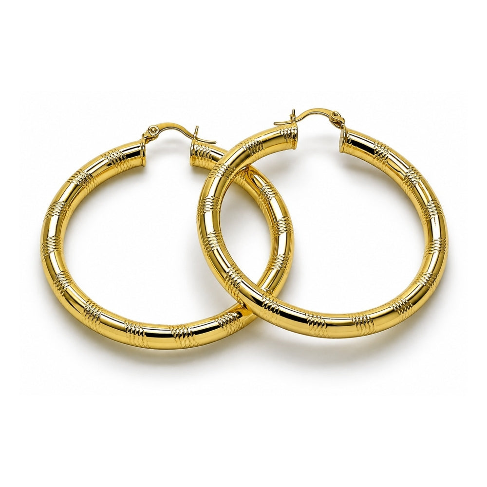 Oro Laminado Large Hoop, Gold Filled Style Hollow Design, Diamond Cutting Finish, Golden Finish