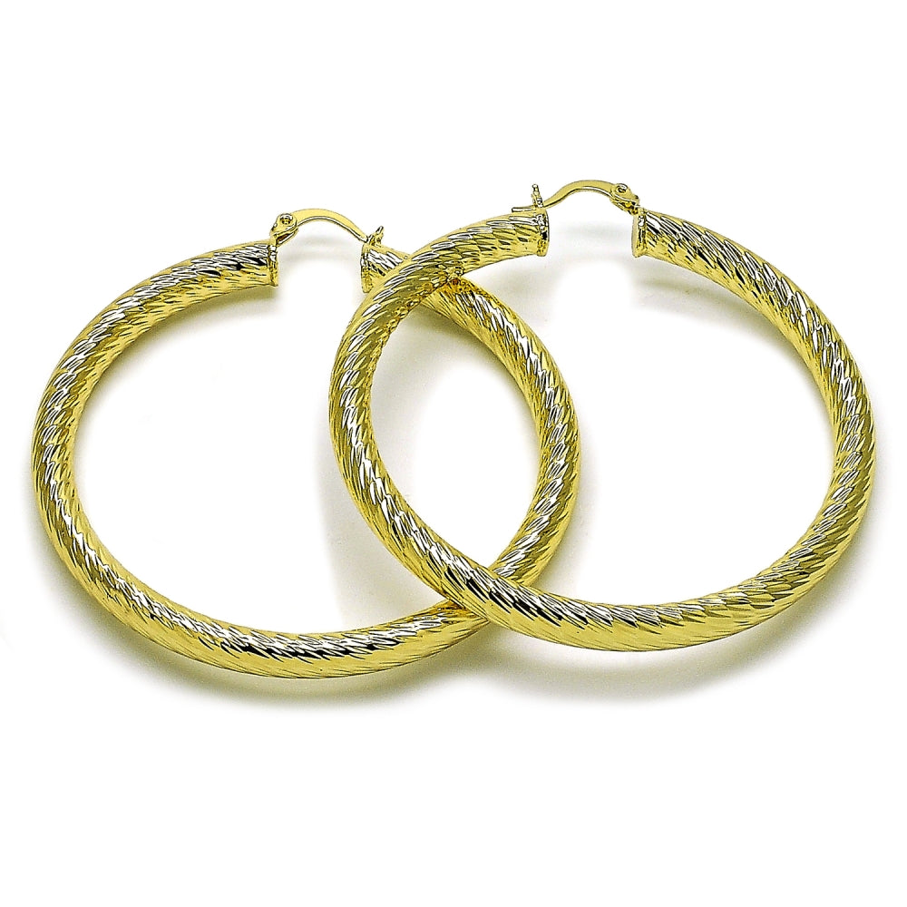 Oro Laminado Large Hoop, Gold Filled Style Hollow Design, Diamond Cutting Finish, Golden Finish