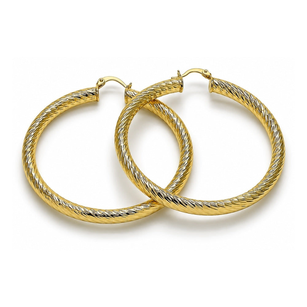 Oro Laminado Large Hoop, Gold Filled Style Hollow Design, Diamond Cutting Finish, Golden Finish