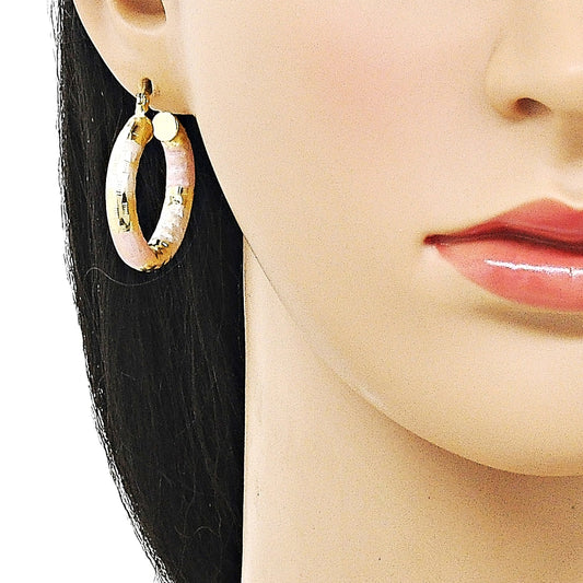 Oro Laminado Medium Hoop, Gold Filled Style Hollow Design, Diamond Cutting Finish, Tricolor