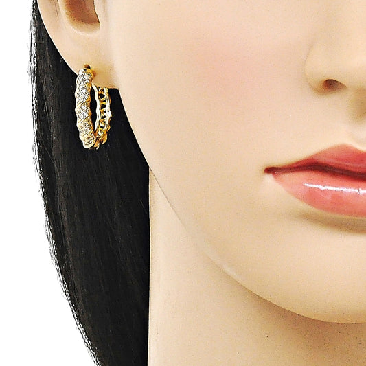 Oro Laminado Huggie Hoop, Gold Filled Style Twist Design, with White Micro Pave, Polished, Golden Finish